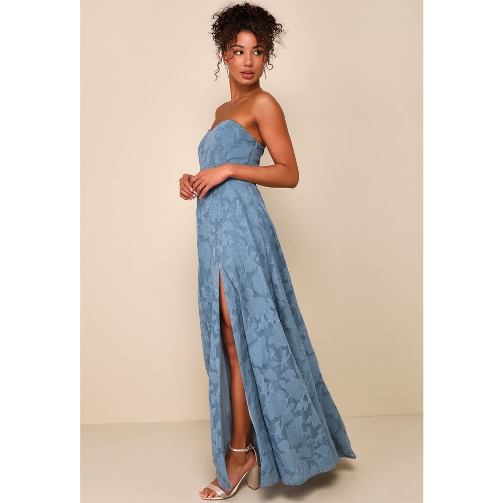 Lulus Garden Romance Dusty Blue Floral Burnout Strapless Maxi Dress NWT Large - Picture 3 of 13